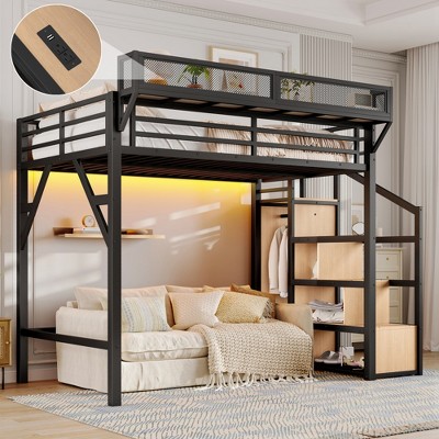 Lycvki Black Metal Loft Bed Frame with Storage Stairs, Shelves and Built-in Wardrobe