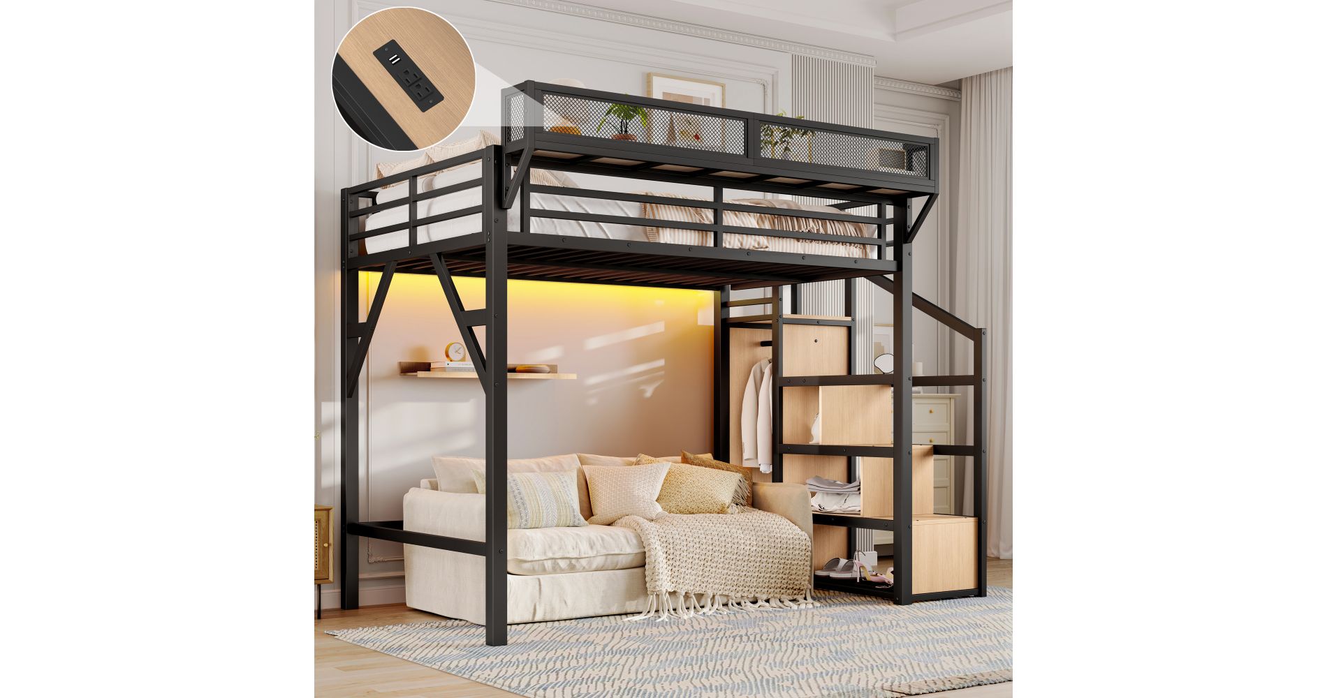 Lycvki Black Metal Twin XL Loft Bed Frame with Storage Stairs, Shelves and Built-in Wardrobe
