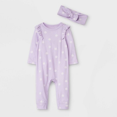 Image of Baby Girls' Dot Rib Romper with Headband - Cat & Jack™ Purple/Cream 0-3M