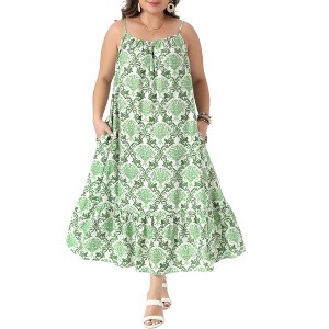 Women's Plus Size Boho Print Spaghetti Strap Tiered Swing Flowy Beach Vacation Summer Maxi Sundress with Pocket - Agnes Orinda 2X Green