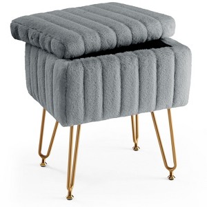 DOMETOUR Modern Vanity Stool Chair with Storage, Faux Fur Ottoman, Padded Makeup Seat, 4 Metal Legs, Anti-Slip Adjustable Feet, Gray - 1 of 4