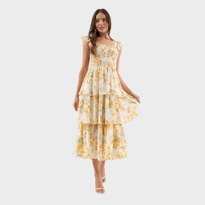 August Sky Women's Smocked Floral Tiered Midi Dress