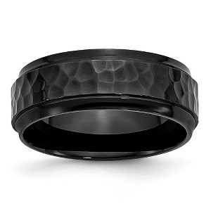 Black Bow Jewelry Men's 8mm Black Plated Stainless Steel Hammered Beveled Edge Band - 1 of 4