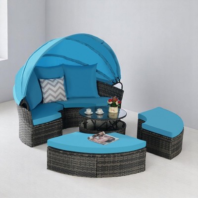5-Piece Patio Wicker Daybed Set with Retractable Canopy, Storable Side Table, and Washable Cushions – Outdoor Furniture Set