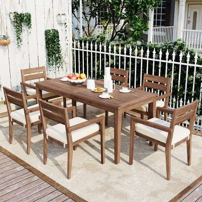 7-Piece Outdoor Dining Set, Dining Set with Table and Armrest Chairs, Dining Chairs with Acacia Wood Frame and Foam Cushions–Cuddlewood