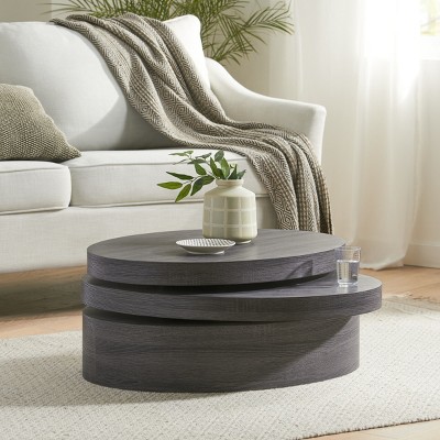 31.5" Matte Black Rotating Oval Coffee Table with Swivel Expandable Layers,Modern Gray Low Profile Center Table for Living Room-Baofuwish