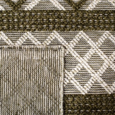 Ivory and Dark Green Hand-Knotted Wool Rectangular Area Rug, 5' x 8'