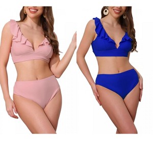 INSPIRE CHIC Women's Ruffle Trim V Neck Wide Strap Drawstring Tie Back Top Triangle Bottom Bikini Sets 2 Sets - 1 of 4