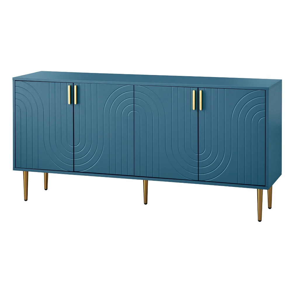 Lifestorey Tabaria Mid Century Modern 4 Door Sideboard Midnight Blue: Luxury Glam Style, Painted MDF, Adjustable Shelves