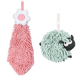 REGALWOVEN Flower and Sheep Shape Absorbent Fast Drying Chenille Hand Towels with Hanging Loop 6" x 15"/7" x 7" 2 Packs - 1 of 4