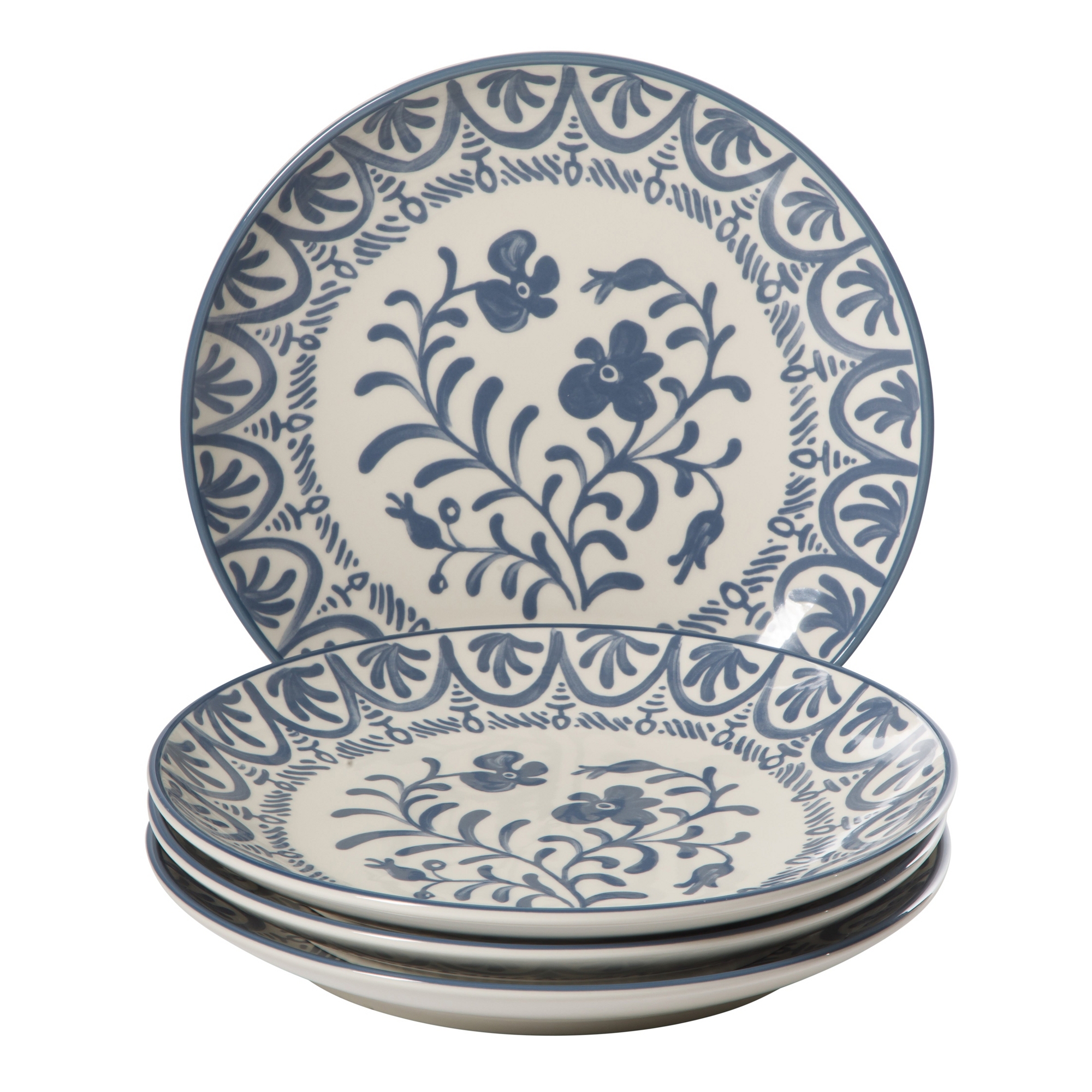 Bloomhouse – 2-Time Oprah’s Favorite Things – 4 Piece 10.75” Dinner Plate Set, Floral Stoneware Plates, Microwave & Dishwasher Safe - Iris Blue