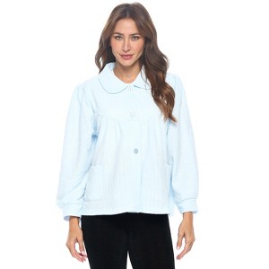 Casual Nights Women's Button Front Jacquard Terry Fleece Sleep Bed Jacket Top with Pockets - 1 of 4