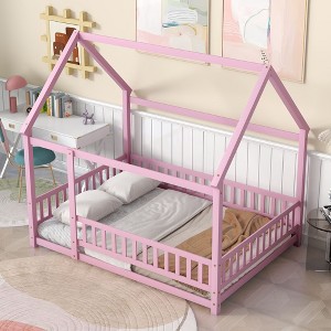 Okak Full Size Bed Frame with House-Style Roof & Fences Guardrails, Modern Floor Bed for Toddlers/Kids Bedroom - 1 of 4