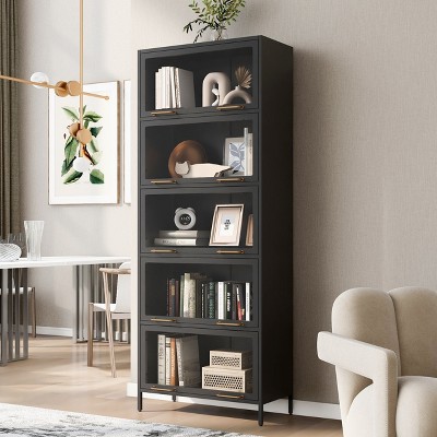 VYNXARIA 78.75" Tall Iron Display Cabinet with Glass Doors,5-Tier Steel Barrister Bookcase with LED Lights for Collectibles, Modern Style,Black