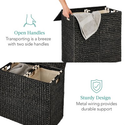 Large Black Handwoven Water Hyacinth Double Laundry Hamper