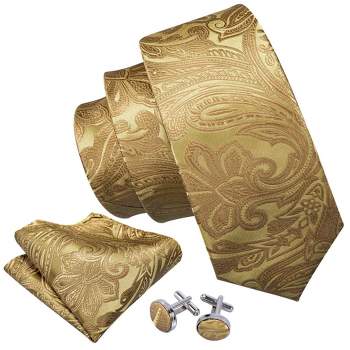 Men's Gold Paisley 100% Silk Neck Tie With Matching Hanky And Cufflinks Set