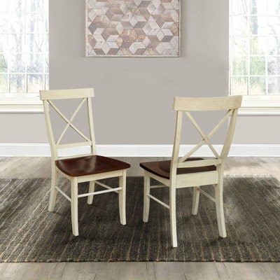 Set of 2 X Back Chairs with Solid Wood Seats Antiqued Almond/Espresso - International Concepts: Hardwood High Back Dining Furniture