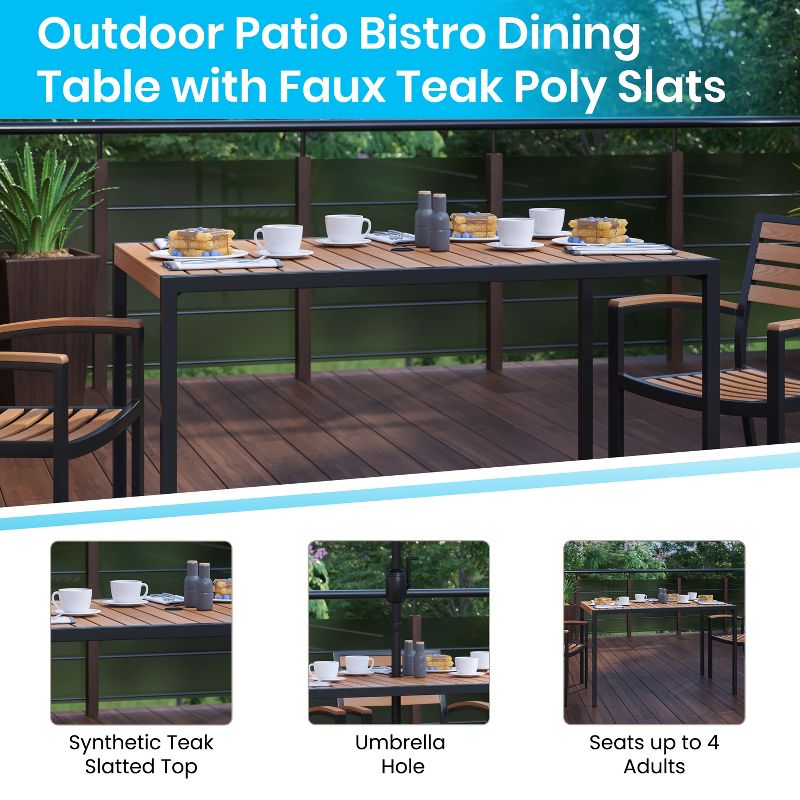 Merrick Lane 30" x 48" Outdoor Dining Table with Faux Teak Poly Slat Top and Powder Coated Steel Frame, 5 of 12