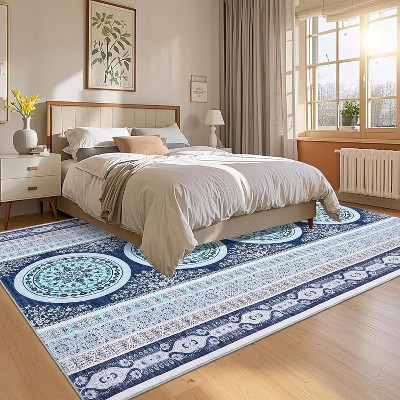8x10 Indigo Vintage Printed Living Room Rug, Large Washable Oriental Accent Carpet, Stain-Resistant Low Pile Non-Slip Mat for Dining Room, Bedroom