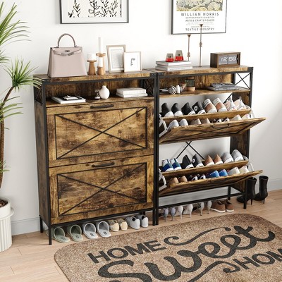 Shoe Storage Cabinet with 2 Flip Drawers, Metal Legs, and Adjustable Shelve