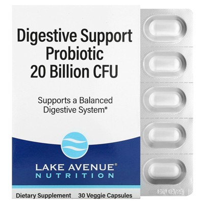 Lake Avenue Nutrition Digestive Support Probiotic, Probiotic & Prebiotic Blend, 20 Billion CFUs, 30 Veggie Capsules