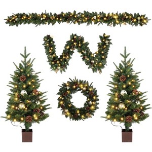 VINGLI Pre-lit 5-Piece Christmas Set, LED Tree, Garland, Wreath & 2 Entrance Trees, Gold Porch Decor - 1 of 4