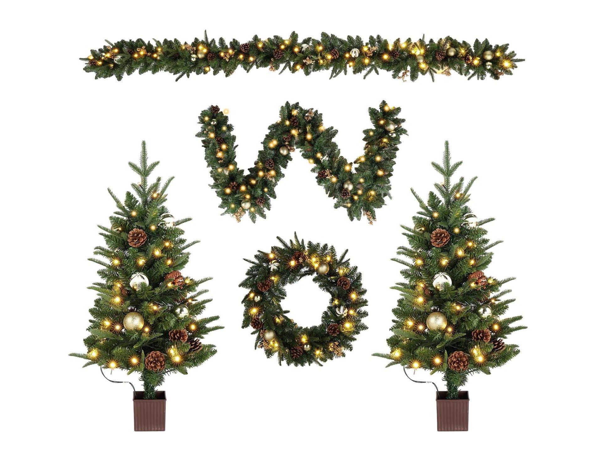 VINGLI Pre-lit 5-Piece Christmas Set, LED Tree, Garland, Wreath & 2 Entrance Trees, Gold Porch Decor