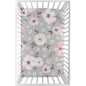 Sweet Jojo Designs Girl Baby Fitted Mini Crib Sheet Watercolor Floral  Grey and Pink - 1 of 4