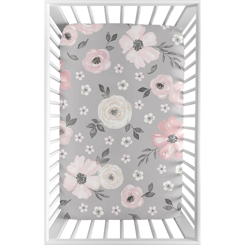 Sweet Jojo Designs Girl Baby Fitted Mini Crib Sheet Watercolor Floral  Grey and Pink, 1 of 6