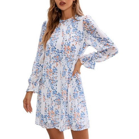 Women's Babydoll Dress Ruffle Mock Neck Long Sleeve Floral Print Mini Dress  Casual Flowy Short Shift Dress White XXL