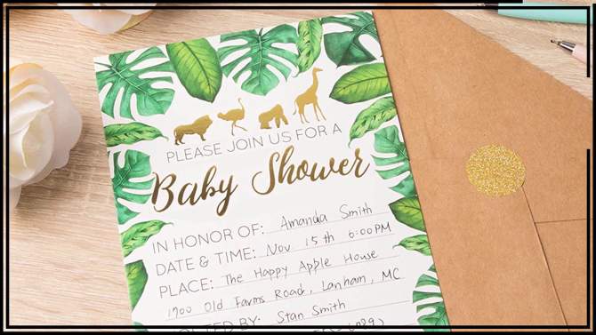 Juvale 36-Pack Baby Shower Invitation with Envelopes, Gold Foil Tropical Animal Designs (5 x 7 In), 2 of 9, play video