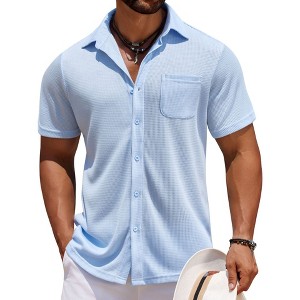 Coolmee Men's Summer Button Down Shirts Short Sleeve Casual Beach Vacation Wedding  Shirt with Pocket M Light Blue : Target