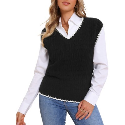 INSPIRE CHIC Women's V Neck Sleeveless Ribbed Contrast Color Trim Sweater Vest