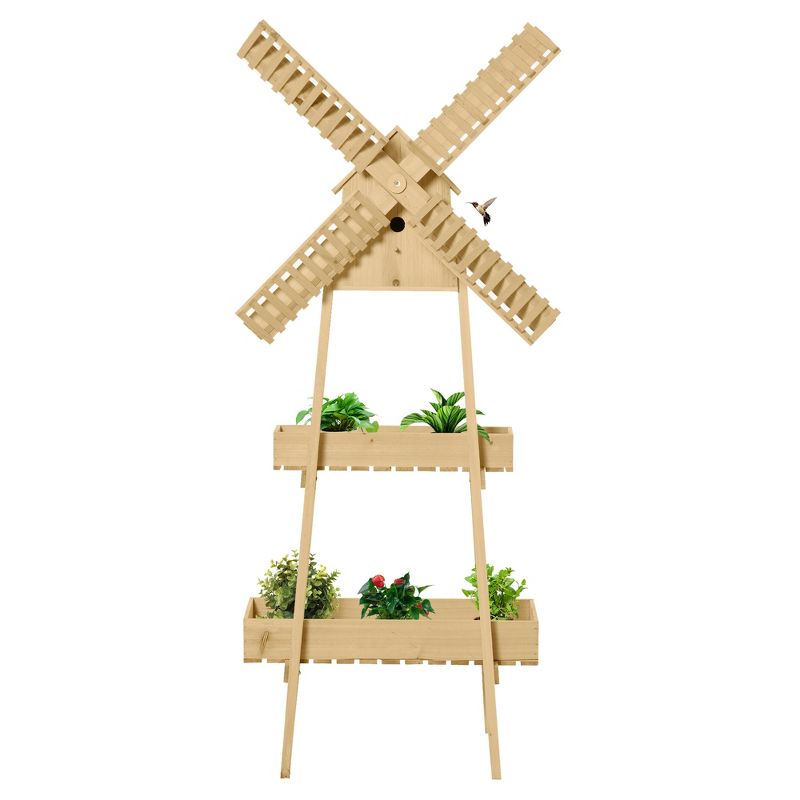 Outsunny Outdoor Plant Stand, 2 Tier Wood Flower Stand with Windmill, Garden Decor Plant Shelf with Built-in Mini Bird House, Great for Indoor/Outdoor, 5 of 9