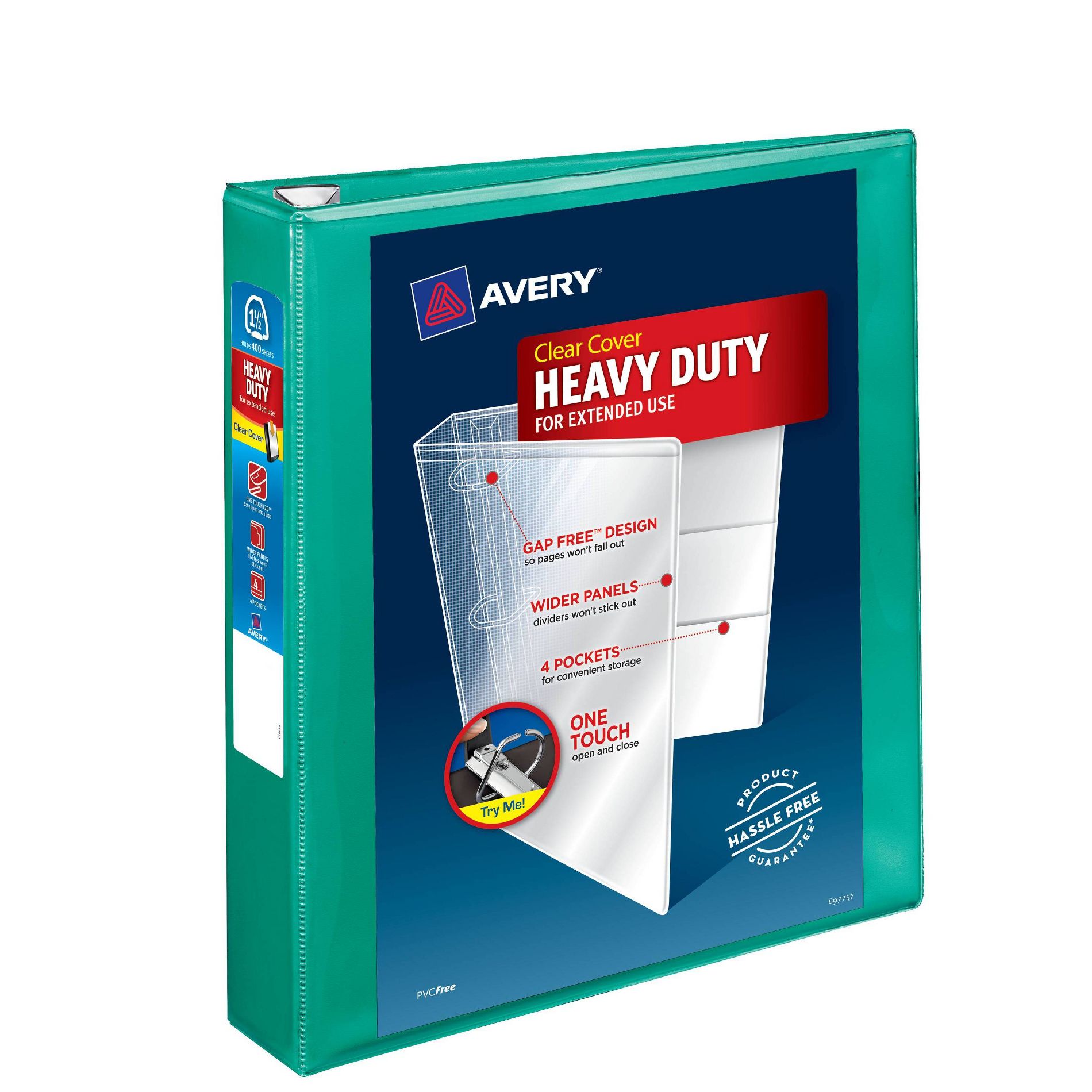 Ring Binder 2.1"x1.5" Clear Cover 400 Sheet Capacity Heavy Duty Green - Avery: Polypropylene D Rings, 4 Pockets
