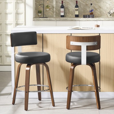 Bekrvio 26" Faux Leather Swivel Bar Stools Set of 1/2/3/4,Mid Century Modern Counter Chairs with Wood Legs and Curved Back for Kitchen Island