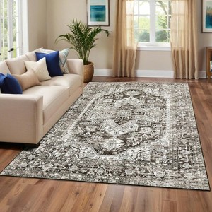 5'x7' Washable Rug, Non-Slip Vintage Medallion Low-Pile Rug, Foldable for Living Room, Dining Room & Bedroom, Blue Green - 1 of 4