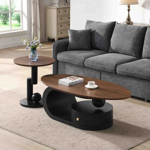 KWPZQEB Modern Nesting Coffee Table Set of 2, Oval Center Table and Round End Table with Storage Drawer, Luxury Cocktail Table for Living Room - 1 of 4