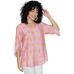 LA LEELA Women's Holiday Floral Print Peasant Blouse With V Neck And Short Puff Sleeves - 1 of 4