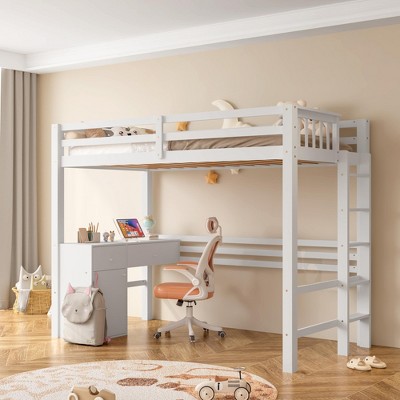CSBDHome Twin Loft Bed With Built-In-Desk & Cabinet