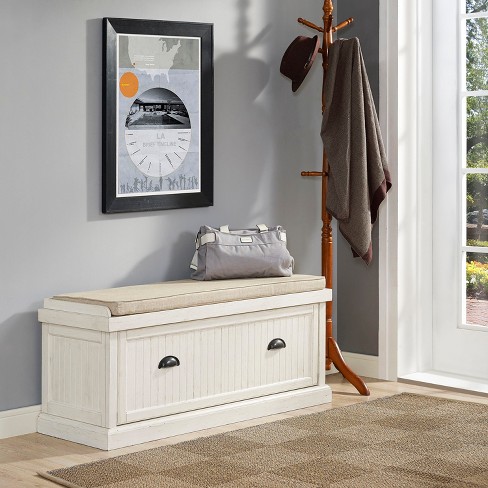 White Washed Entryway Storage Bench with Removable Cushion and 3-Remov