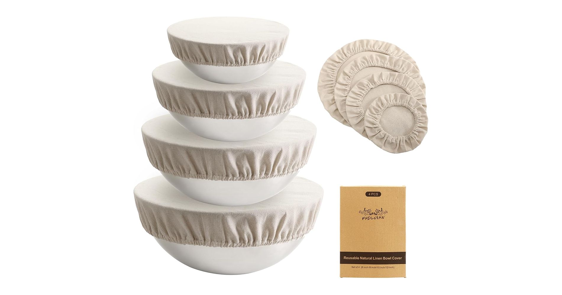 Zeus & Ruta  4-Size Reusable Linen Bowl Covers - Eco-Friendly Elastic Fabric Lids for Bread Proofing, Sourdough, Leftovers, Fruits, Salads