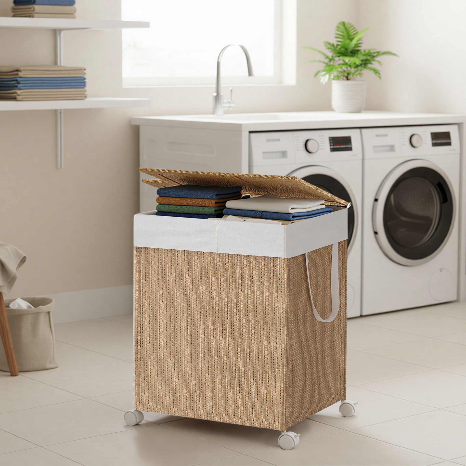 LEDREM 2-Section Rolling Laundry Hamper with Lid, 26.4 Gal Rattan-Style Basket on Wheels, Removable Washable Liner