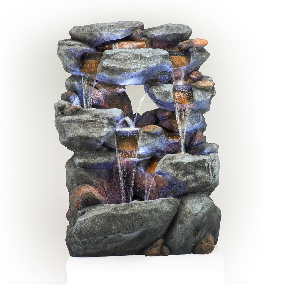 Photos - Fountain Pumps 54" Resin 5-Tier Rock Fountain with LED Lights Dark Brown - Alpine Corpora