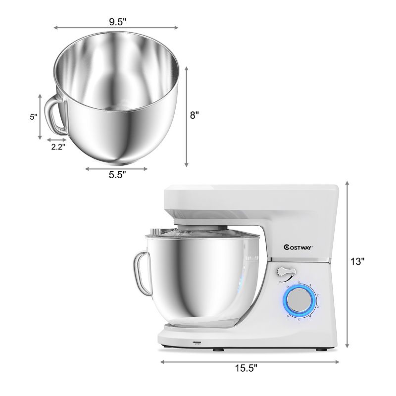 Costway Tilt-Head Stand Mixer 7.5 Qt 6 Speed 660W with Dough Hook, Whisk & Beater White, 3 of 11
