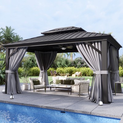 Aoxun 10'x12' Hardtop Gazebo with Aluminum Frame Canopy, Double Galvanized Steel Roof with Breathable Netting and Curtains