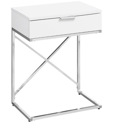 Vynxaria Contemporary Modern Accent Table Glossy White Laminate, Chrome Metal X-Frame, Storage Drawer