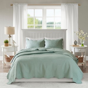 3 Pcs Elegant Reversible Scalloped Edge Quilt Set, Antimicrobial Elegant Touch Bedding for Hot Season, Classic Stitch Pattern Farmhouse Style Bed Set - 1 of 4
