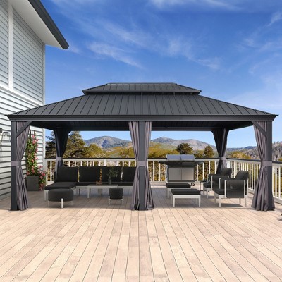 PURPLE LEAF Outdoor Gazebo Aluminum Frame Galvanized Steel Double Roof Patio Hardtop Gazebo with Curtains and Netting for Patio Lawn and Garden