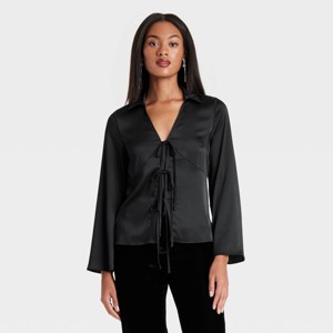 Women's Long Sleeve Satin Tie Blouse - A New Day™ - 1 of 3